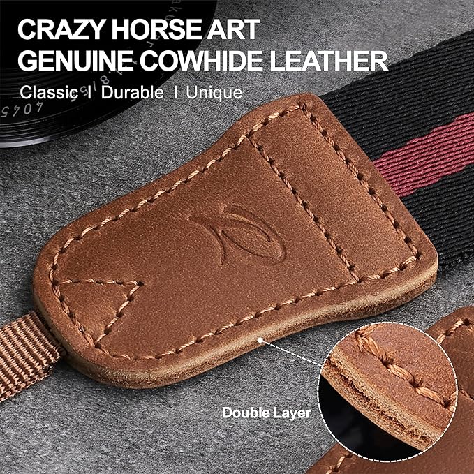 Padwa Lifestyle Stripes Camera Strap - Double Layer Crazy Horse Cowhide End,1.5" Wide Pure Cotton Camera Straps,Adjustable Neck Shoulder Strap for All DSLR Cameras,Gift for Photographers(Red Black)