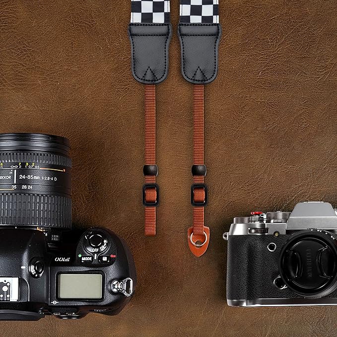 Padwa Lifestyle Black and White Plaid Camera Strap - 2" Wide Double Layer Cowhide Head,Cotton Camera Shoulder Straps,Grid Pattern Adjustable Camera Neck Strap for all Cameras,Gift for Photographers