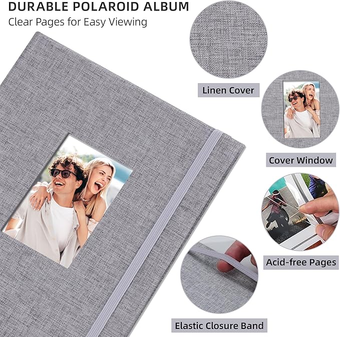 Vienrose Mini Polaroid Photo Album Book 208 Photos 2x3 Inch Pictures for Fujifilm Instax Mini 7s 8 9 11 25 26 40 50s 90 Evo Z2300 Instant Camera, Polaroid Snap Gray 1 Pack