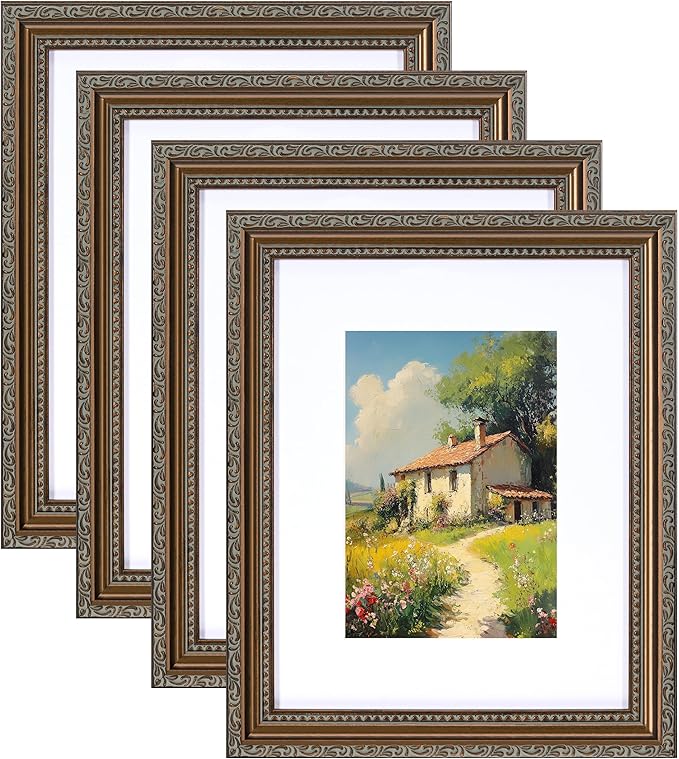 eletecpro 8x10 Picture Frames Set of 4, Vintage Frame with Glass Cover, Photo Frames 8 x 10 Display 5x7 Photo with Mat or 8x10 without Mat for Tabletop or Wall Decor, Bronze