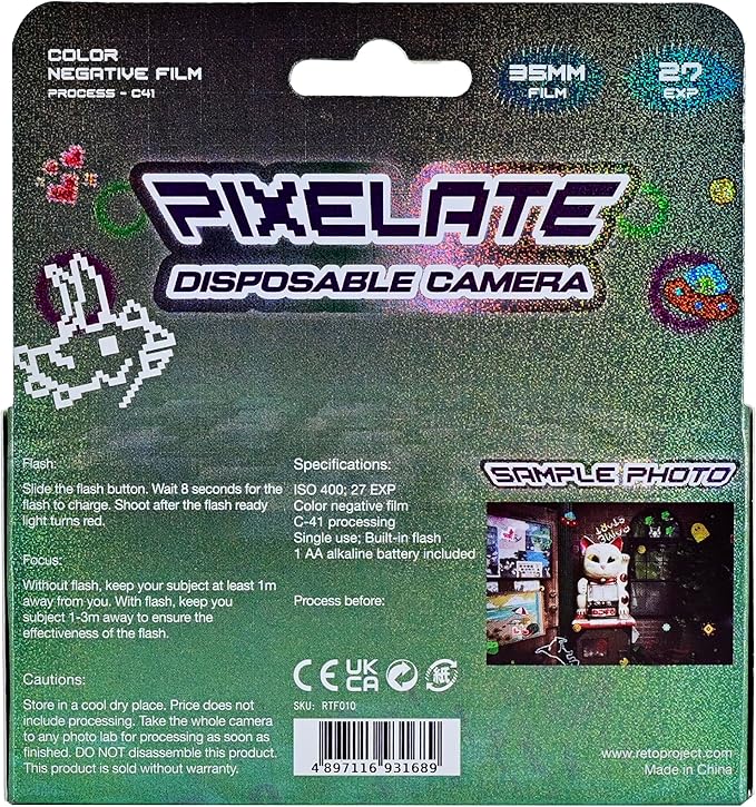 Retocolor Pixelate 400 35mm Disposable Film Camera 27EXP, ISO400, Color Negative Film, Focus Free, Easy to Use, Built in Flash, Single Use (Film and Battery Included) (Pixelate)