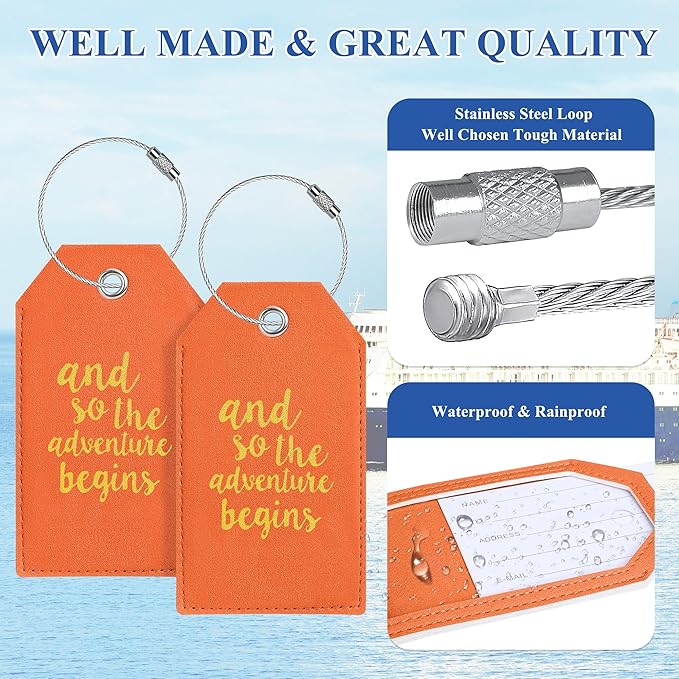 Luggage Tag & Initial Baggage Tags for Suitcases Leather Bag Tags for Backpacks Handbag School Instrument with Name ID Label Travel Essentials, Unique Fun Orange Personalized Luggage Tags 2 Pack