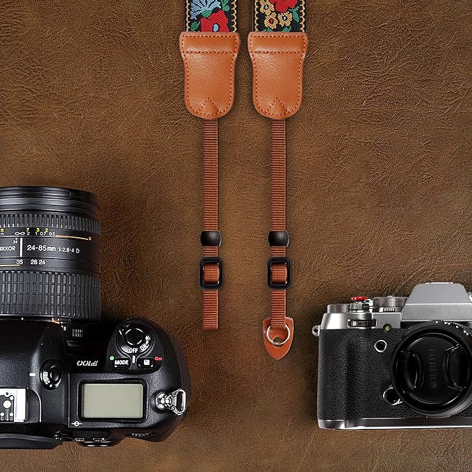 Padwa Lifestyle Camera Strap - Double Layer Cowhide Ends,2" Cotton Embroidered Vintage Camera Straps, Adjustable Neck & Shoulder Strap for All DSLR Cameras,Great Gift for Photographers -Spring Flowers