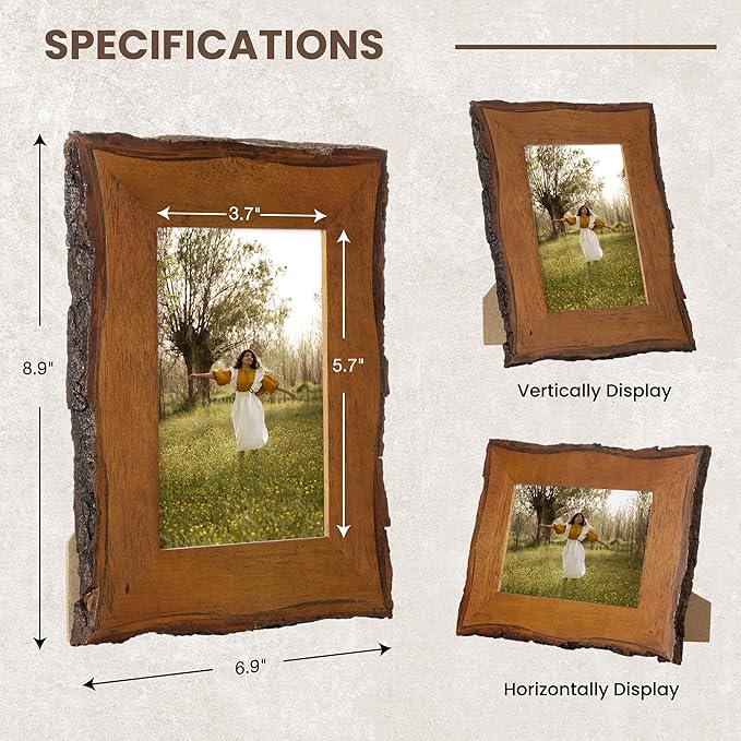 Axeman 4x6 Live Edge Picture Frame, Solid Rustic Handcrafted Wood Frame with Real Bark Edges & High Definition Glass Front, Farmhouse Decor for Tabletop or Wall Display