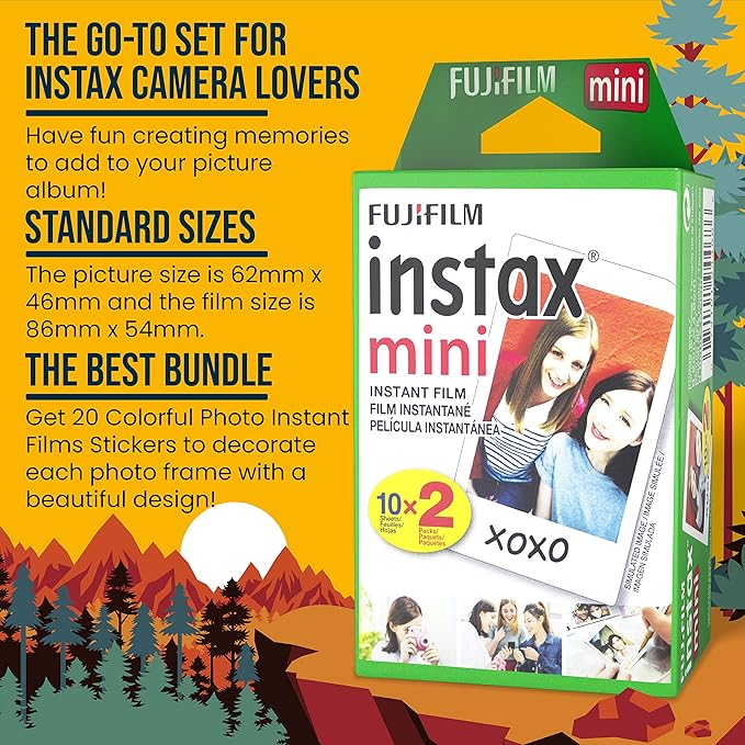 Fujifilm Instax Mini Film - Fuji Film Instant Film - Twin Pack (20 Sheets) - Bundled with Moshify 20 Colorful Sticker Frames