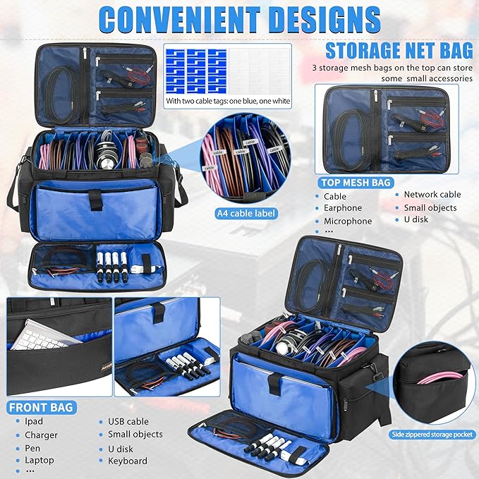 AKOZLIN Cable File Bag with Detachable Dividers for DJ Gear, Sound Instrument Accessories