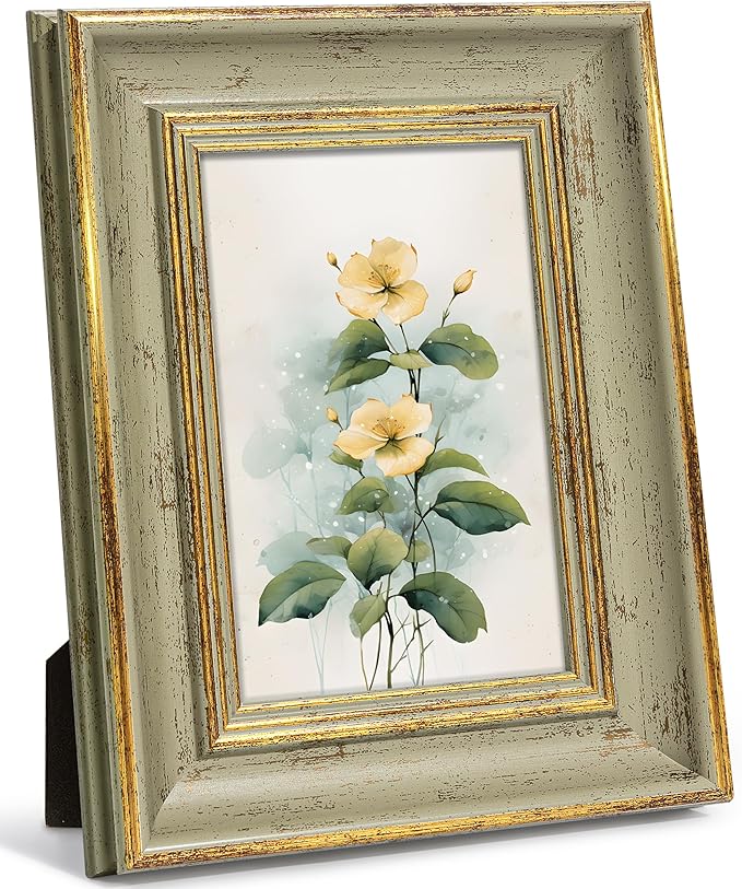 Afuly 4x6 Picture Frame Antique Vintage Gold Sage Green Single Photo Frame for Desk Wall Gallery Artworks Portrait Landscape Unique Birthday Gifts for Grandma Mom Women
