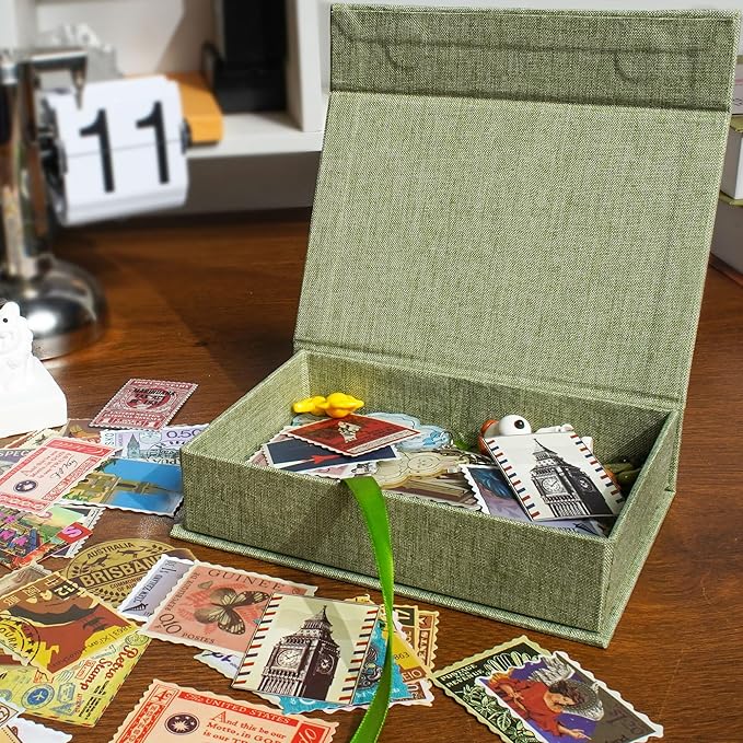 Hiwhy Photo Storage Box 5x7, Linen Photo Box, Memory Box Perfect to Store Your Photo, Pictures, Certificates, Scrapbooking Supplies, Keepsakes and Jewelry Grassgreen