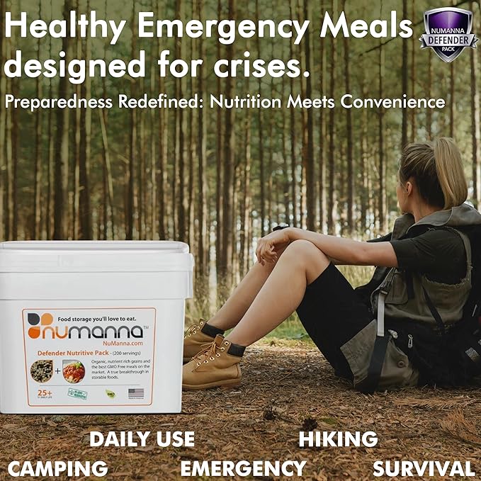 Numanna Defender Nutritive Pack Bucket 204 Servings | 1-Month Emergency Food Supply | GMO-Free, Non-Perishable Meals with Organic Grains & Superfoods | Easy to Prepare | Camping & Daily Use Pack of 1