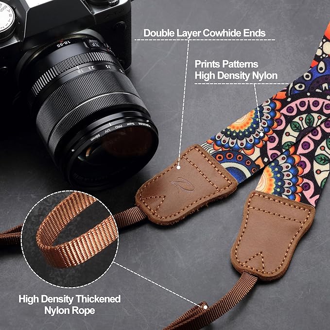 Padwa Lifestyle Camera Strap - 1.5" Soft Nylon Print Crazy Horse Cowhide Head Camera Straps for Photographers and All Cameras,Cute Adjustable Vintage Woven Strap for Adults & Kids(Bohemian Bloom)