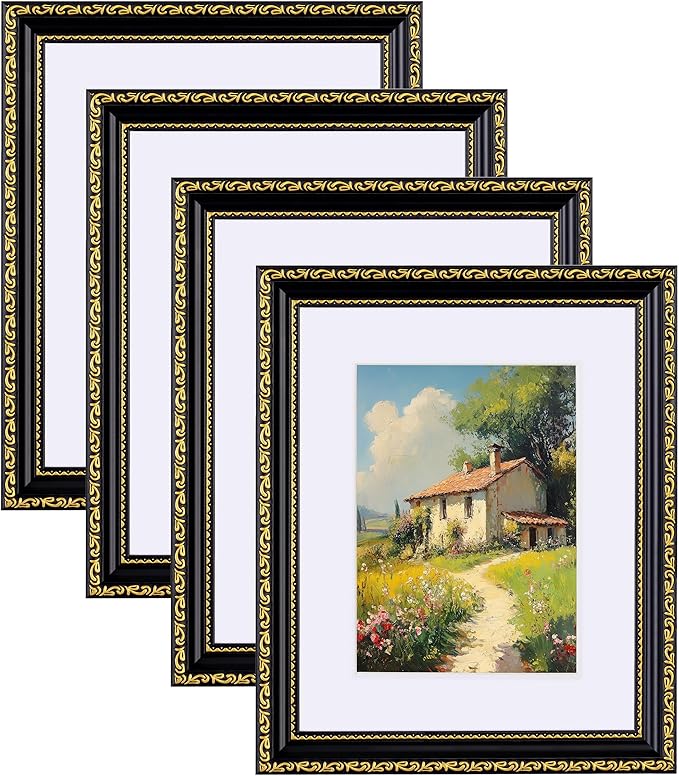 eletecpro 8x10 Picture Frames Set of 4, Vintage Photo Frame with Glass Cover, Gothic Frames 8 x 10 Display 5x7 Photo with Mat or 8x10 without Mat for Tabletop or Wall Decor, Black Gold