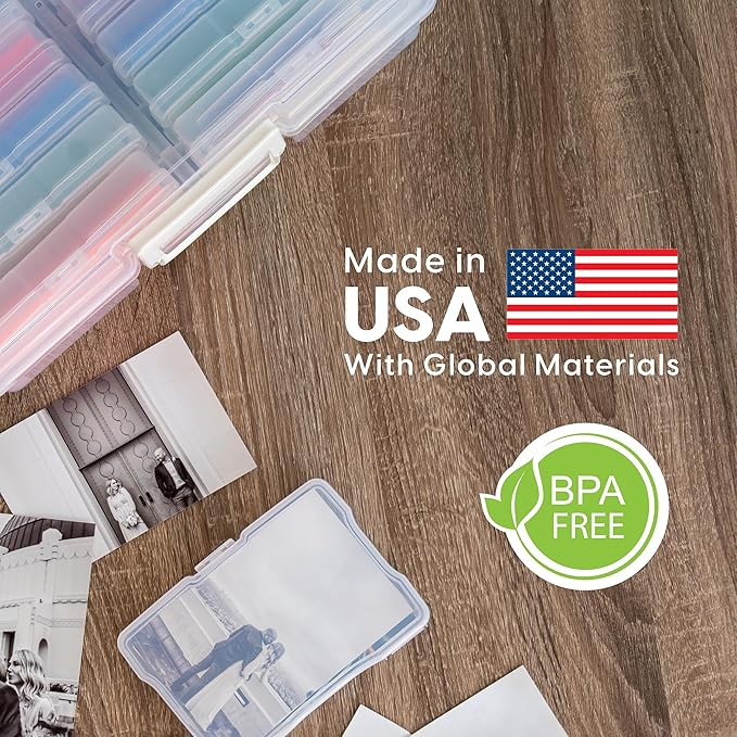 IRIS USA 4" x 6" Photo Storage Box Craft Keeper, 2-Pack, Transparent Handle Container with 12 Organization Holder Cases for Pictures, Tasks, Scrapbooking, Ephemera, Stationery Storage, Clear