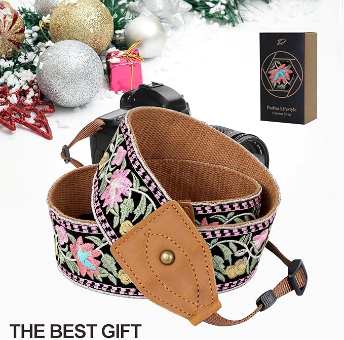 Padwa Lifestyle Embroidered Flower Camera Strap - 2" Wide Classic Vintage Crazy Horse Arts Cowhide Head Camera Straps for Photographers,Universal Neck Shoulder & Crossbody Strap Fit DSLR/SLR Camera