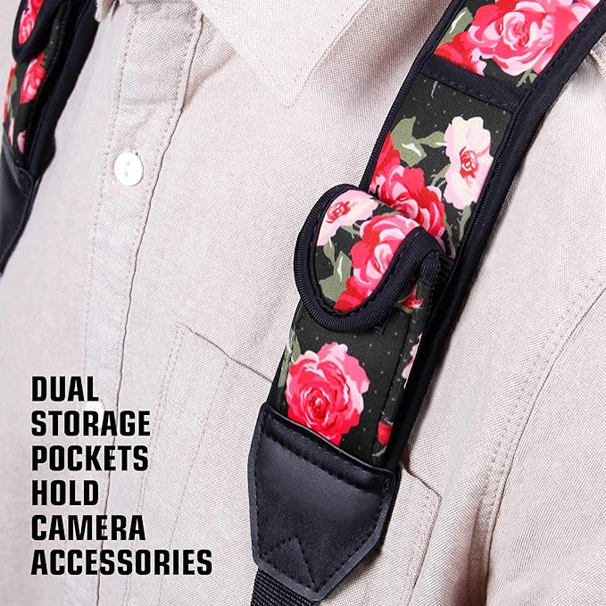 USA Gear DSLR Camera Strap Chest Harness with Quick Release Buckles, Floral Neoprene Pattern and Accessory Pockets - Compatible with Canon, Nikon, Sony and More Point and Shoot and Mirrorless Cameras