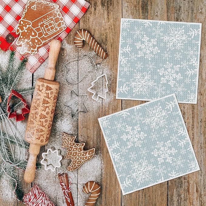 Artoid Mode Aqua Snowflakes Winter Kitchen Dish Cloths, 12x12 Inch Quick Dry Microfiber Dishcloths for Kitchen Dish Rags Set of 2