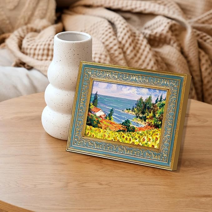 VIOLABBEY 5x7 Picture Frame Blue, Vintage Photo Frames Ornate without Mat for Tabletop or Wall Hanging