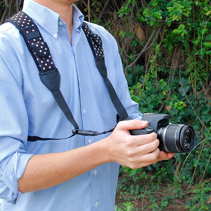 USA Gear DSLR Camera Strap Chest Harness with Quick Release Buckles, Polka Dot Neoprene Pattern and Accessory Pockets - Compatible with Canon, Nikon, Sony Point and Shoot and Mirrorless Cameras