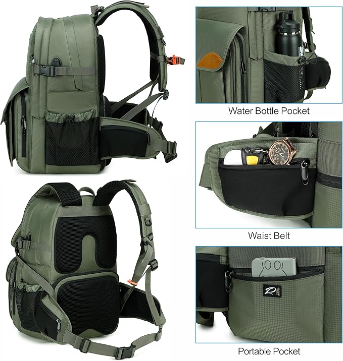 Padwa Lifestyle Professional Camera Backpack - Large Capacity Photography Camera Bag with Thick Padded Comfort Strap and Wide Waist, Versatile Photographer,Multi Cameras,Lensas,a Laptop(Green Nylon)