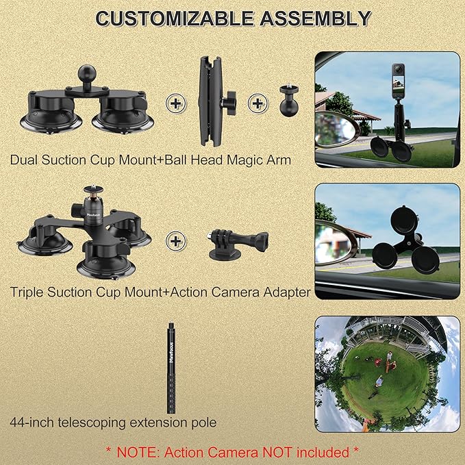 MINIFOCUS Insta 360 Car Mount for Insta360 X5/X4/X3, 5 in 1 360 Camera Mount with 2 in 1 Extension Pole, 5 Suction Cup Mount, 45" Invisible Selfie Stick, Compatible with Insta360 GoPro Action Camera