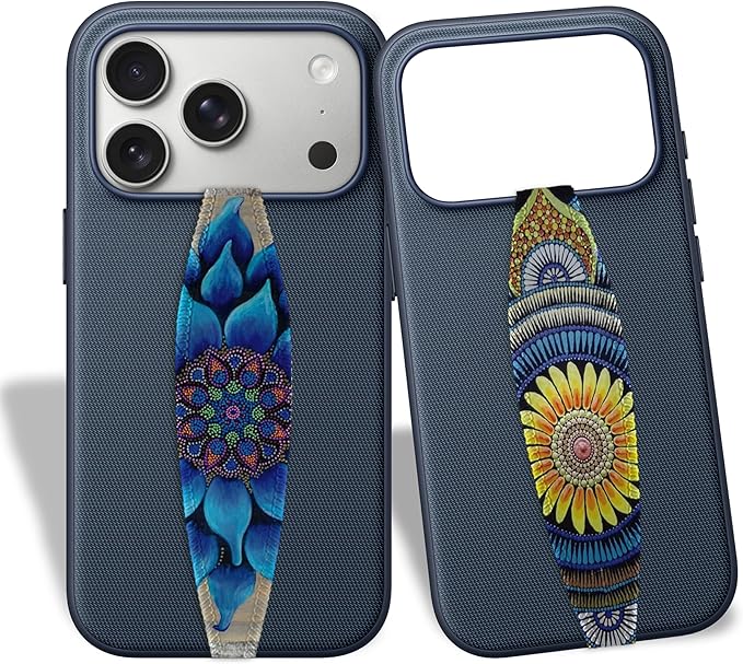 Switchbands Flower Phone Grip Strap – Reversible & Customizable Finger Holder for Phone Back, Wireless Charging Compatible, Detachable Phone Holder for iPhone & Android - Yellow & Blue Mandala