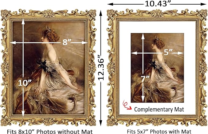 Gold 8x10 Picture Frame Vintage Antique Baroque for Wall or Tabletop Display, Ornate Gothic Victorian Frames Matted to 5x7 Photo