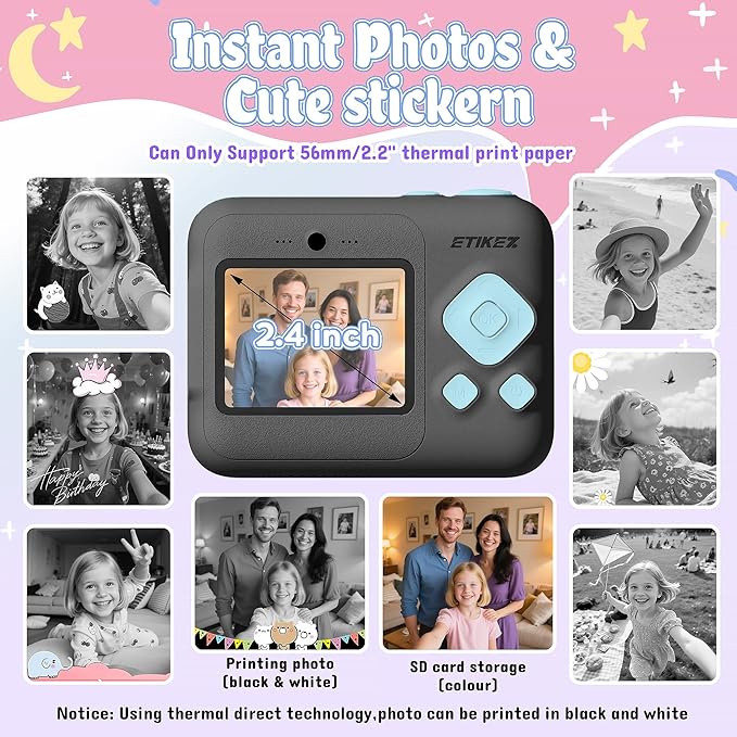 Kids Camera, 1080P Instant Digital Print Camera for Kids, Christmas Birthday Gifts for 4 5 6 7 8 9 10 Year Old Girls Boys, Portable Toy with 32GB SD Card & 3 Rolls Printing Paper, Black