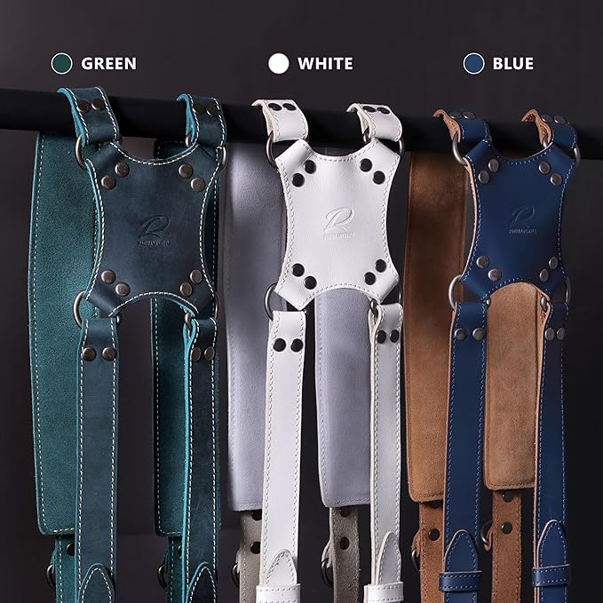 Padwa Lifestyle Dark Green Dual Camera Harness Strap for Two Cameras - Double Shoulder Full Grain Leather Harness,Multi Double Camera Gear with Thick Padded,Double Camera Harness for Photographers