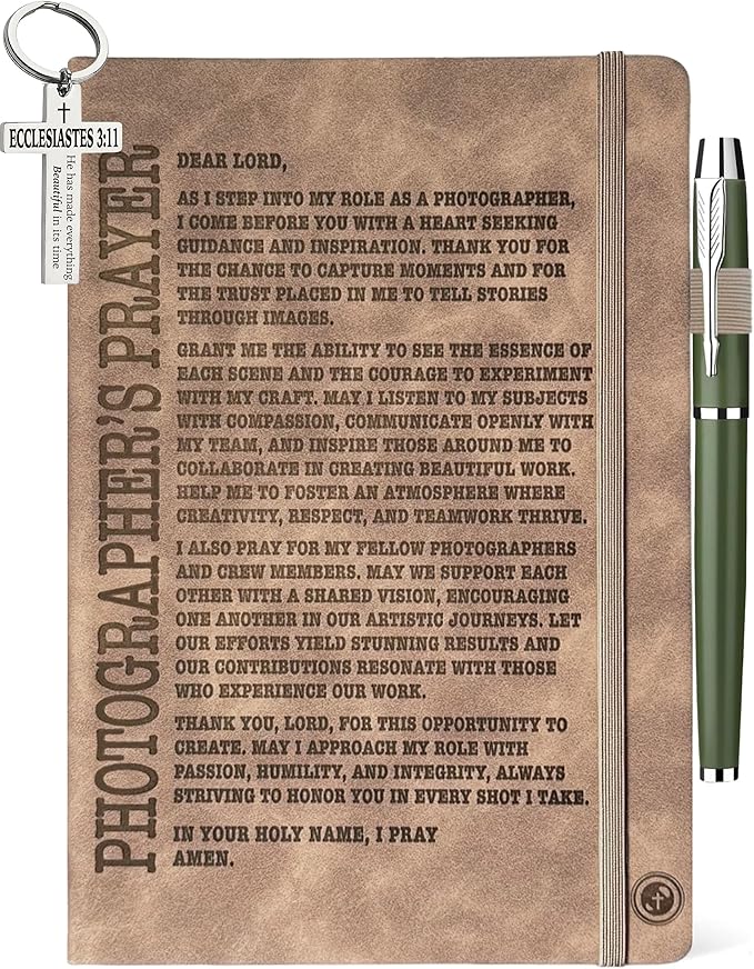 Photography Gifts for Photographers Women Men, Photographer Prayer Leather Journal 200 Pages Engraved Notebook A5 Lined with Pen, Photography Lovers Gift Ideas Birthday Graduation Retirement Christmas