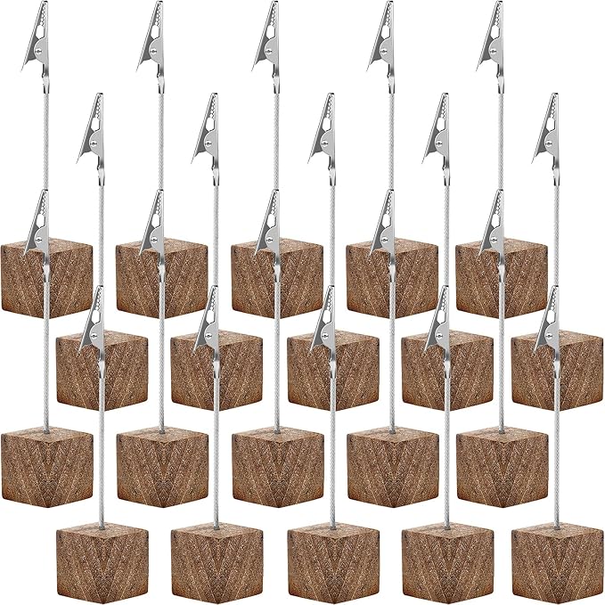 Gersoniel Cube Base Memo Clip Holder with Alligator Clip Wood Table Number Holder Cube Base Place Card Stand Mini Photo Menu Stand for Displaying Number Card(Wood Color)