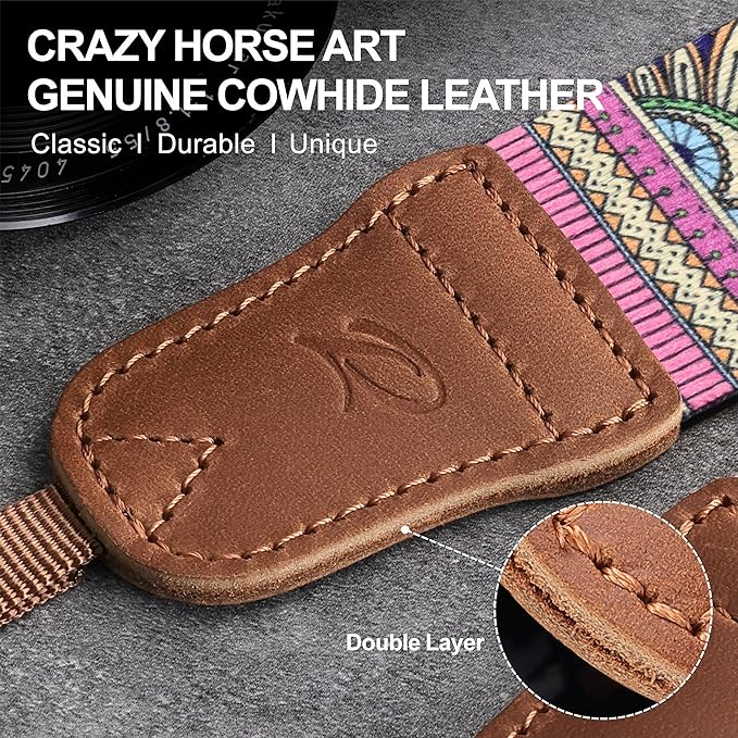 Padwa Lifestyle Camera Strap - 1.5" Soft Nylon Print Crazy Horse Cowhide Head Camera Straps for Photographers and All Cameras,Cute Adjustable Vintage Woven Strap for Adults & Kids(Bohemian Rhythm)