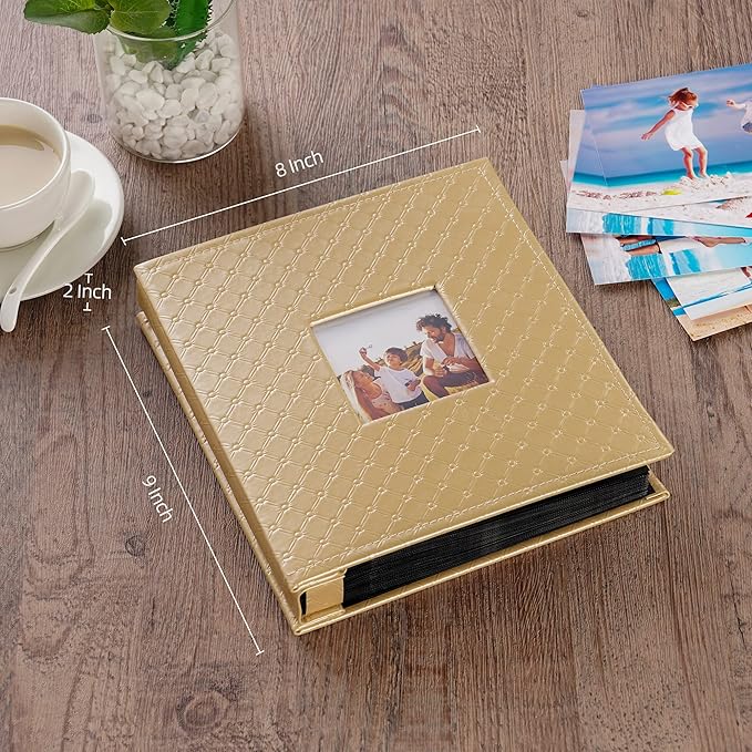 Mublalbum Small Photo Album 4x6 200 Photos Leather Cover Picture Book with Horizontal Pockets for Baby Wedding Anniversary and Family (Gold)