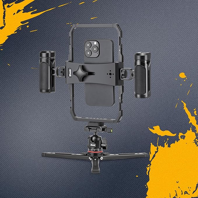 Zeadio Phone Video Cage with Quick Release Rotating Handles - Universal Aluminum Cell Phone Stand for Recording/YouTube/Live Streams/Tabletop Filming/Content etc