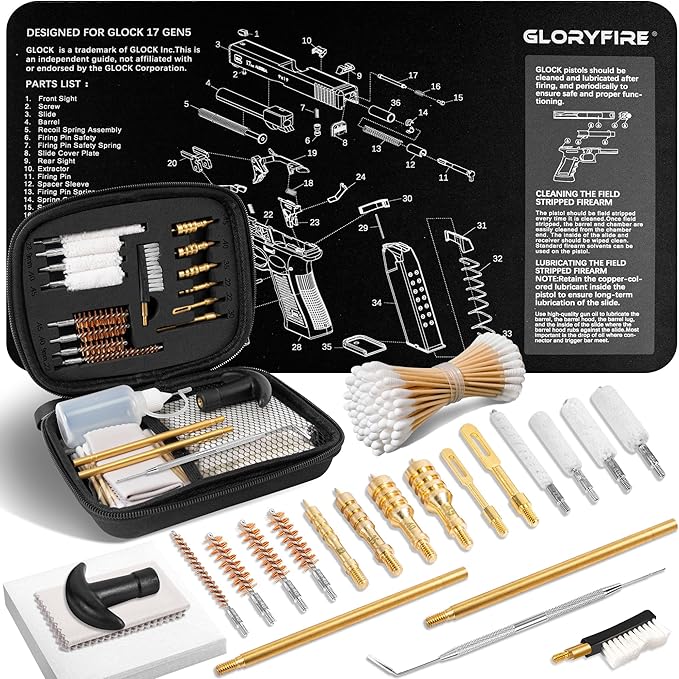 GLORYFIRE Gun Cleaning Kit Fits .22 .357/9mm .38 .40 .45 Cal Universal Handguns & Pistols Compact Carrying Case for Portability Multiple Styles with Brass or Plastic Jags & Tips for Shooting and Range