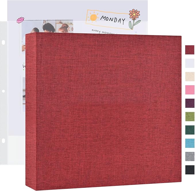 Mublalbum 12x12 Inch Large 3 Ring DIY Scrapbook Photo Album with 20 Plastic Sleeves 40 Pages Linen Cover Folder Binder for Baby Travel Wedding Anniversary and DIY Projects (Red)