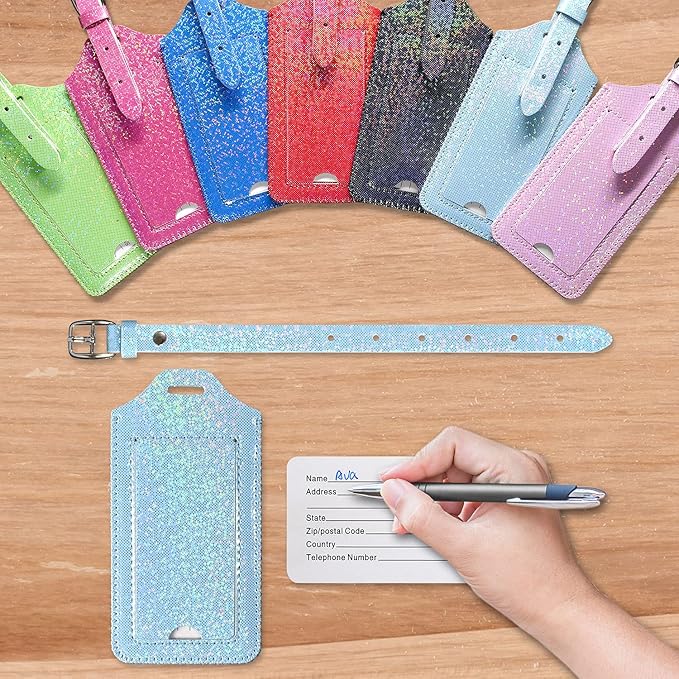 ACdream Luggage Tags 2 Pack, Leather Suitcase Tags Identifiers, Cute Cruise ID Labels with Privacy Cover fits on Backpack, Travel Bag, for Women, Men, Adults, Kids, Sky Blue Glitter