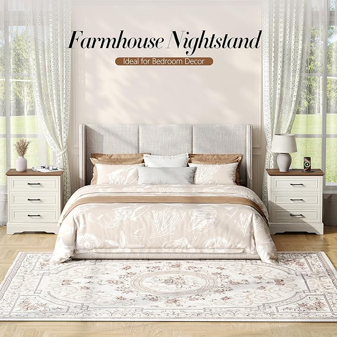 Farmhouse Nightstand with Charging Station, 22" Wide Bedside Table with 3 Large Drawers & Bar Handles, Side End Table with Stable Support Base, for Bedroom, Off White