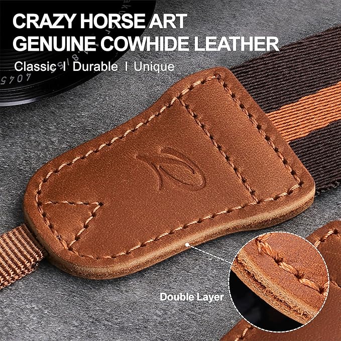 Padwa Lifestyle Brown Yellow Striped Camera Strap - 1.5" Double Crazy Horse Cowhide Head Cotton Camera Straps,Adjustable Neck Shoulder Universal Woven Straps for DSLR Cameras and Photographers Gift