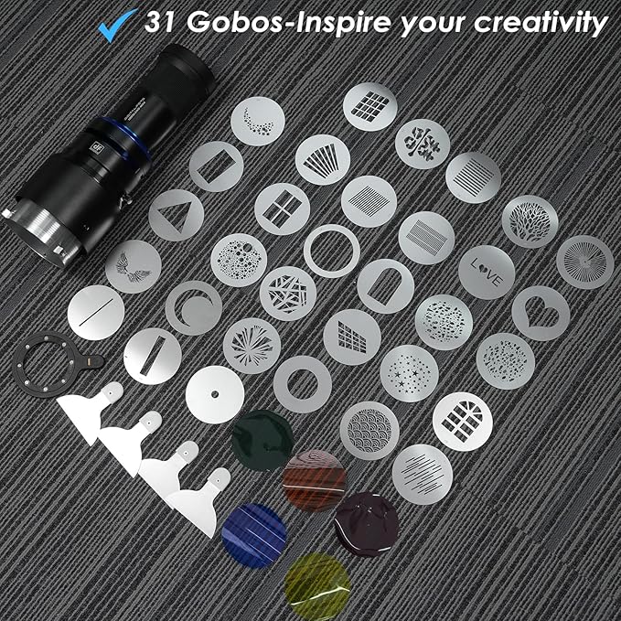 Bowens Mount Optical Snoot Photography for Amaran 150c,Spotlight Snoot Gobos kit for Monolight,Compatible with Aputure Amaran 100X/D 200D/X,150/300c,600x Pro,Godox SL60,5 Color Filters,31 Gobos