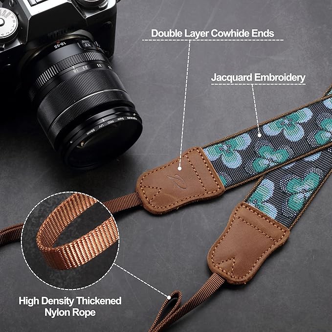 Padwa Lifestyle Camera Strap - 1.5" Crazy Horse Cowhide Head Cotton Strap,Vintage Embroidery Camera Straps for Photographers,Cameras,Binoculars,Cute Adjustable Shoulder Neck Strap for Adults & Kids