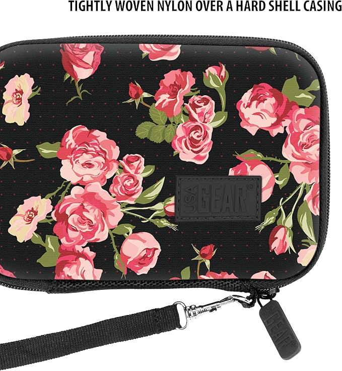 USA Gear Instant Printer Case Compatible with HP Sprocket 2x3, Instax Mini Link 2, Kodak Printomatic, Photo Paper, Cable & more - Hard Shell Portable Printer Carrying Case with Wrist Strap (Floral)