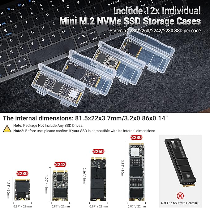 Dual Protect Hard M.2 SSD Holder with 12 PCS Individual Clear M.2 NVMe Case for M.2 2280 2260 2242 2230 SSDs Storage, Water-Resistant & Shockproof M.2 2280 SSD Card Case with Label & Notepaper