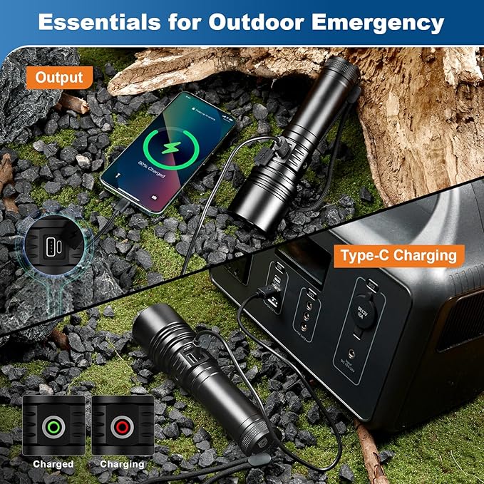 Philips Flashlights High Lumens Rechargeable with Ignition Lens,3000lm Tactical Flashlights with Camping Lamp,2 Colors Zoomable 5Modes Reverse Charging LED Bright Flashlight for Home Outdoor Gift