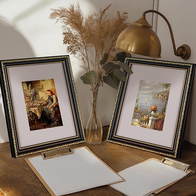 eletecpro 8x10 Picture Frames Set of 4, Vintage Photo Frame with Glass Cover, Gothic Frames 8 x 10 Display 5x7 Photo with Mat or 8x10 without Mat for Tabletop or Wall Decor, Black Gold