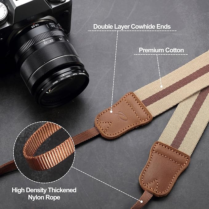 Padwa Lifestyle Stripe Camera Strap - 1.5" Wide Crazy Horse Cowhide Ends Camera Straps for All DSLR Cameras,Universal Adjustable Pure Cotton Woven Strap,Great Gift for Photographers（Beige&Brown）