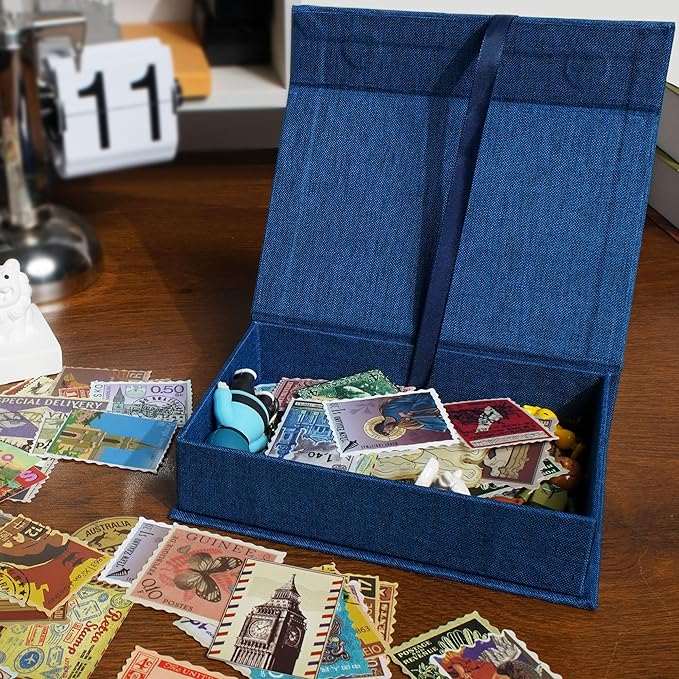 Hiwhy Photo Storage Box 4x6, Linen Photo Box, Memory Box Perfect to Store Your Photo, Pictures, Certificates, Scrapbooking Supplies, Keepsakes and Jewelry Navy Blue