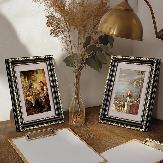eletecpro 5x7 Picture Frames Set of 4, Gothic Frames with Glass Cover, 5 x 7 Vintage Photo Frame Displays 4x6 Photo with Mat or 5x7 without Mat for Tabletop or Wall Decor, Black Gold