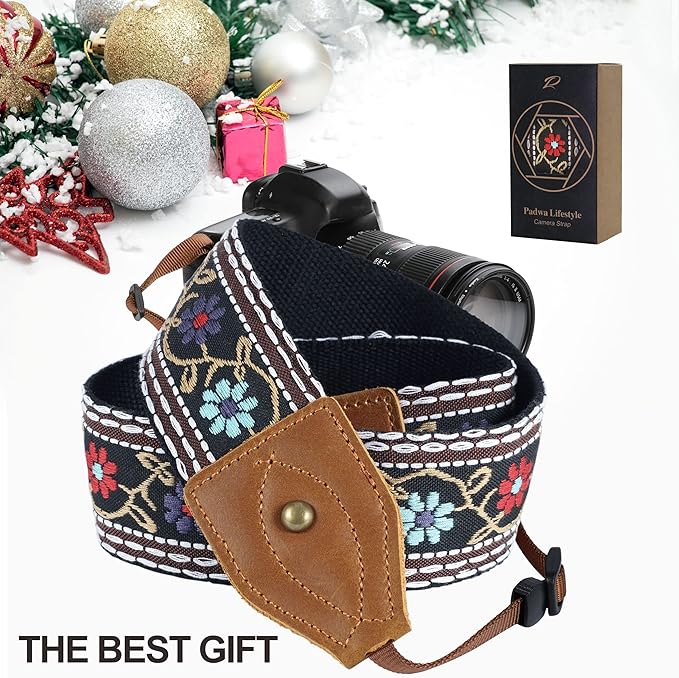 Padwa Lifestyle 2" Wide Classic Crazy Horse Art Cowhide Head Camera Strap - Jacquard Embroidery Floral Vintage Camera Straps for Photographers Gift, Adjustable Shoulder Neck Strap Fits DSLR Cameras