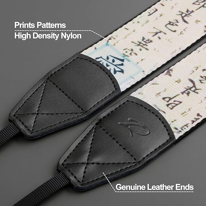Padwa Lifestyle Chinese Style Camera Strap - 2" Wide Genuine Leather Ends Camera Straps for Photographers, Vintage Chinese Style Print Nylon Strap with Camera Quick Release fits All Cameras