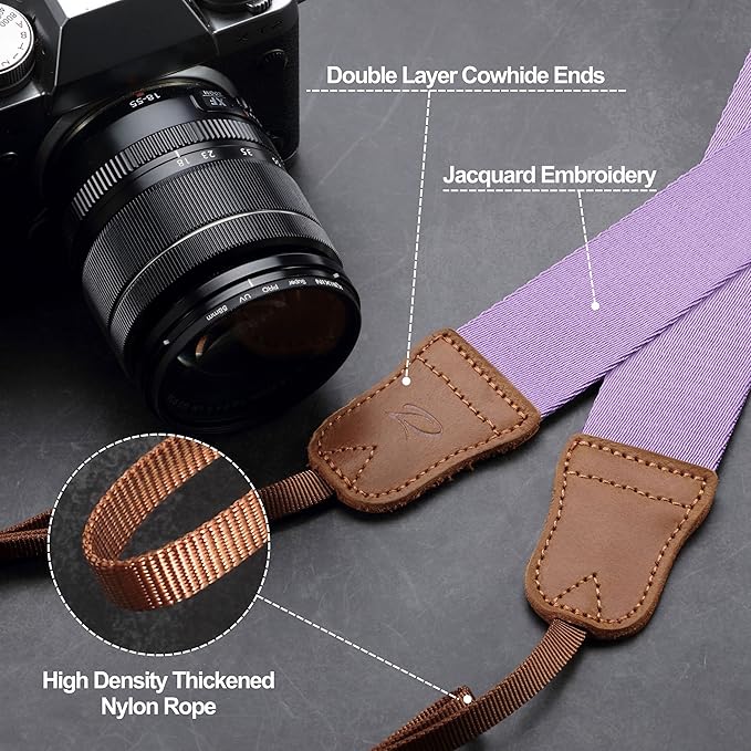 Padwa Lifestyle Light Purple Camera Strap - Double Layer Cowhide Ends,1.5" Wide Pure Cotton Woven Adjustable Universal Camera Straps for All DSLR Cameras,Great Gift for Men & Women Photographers