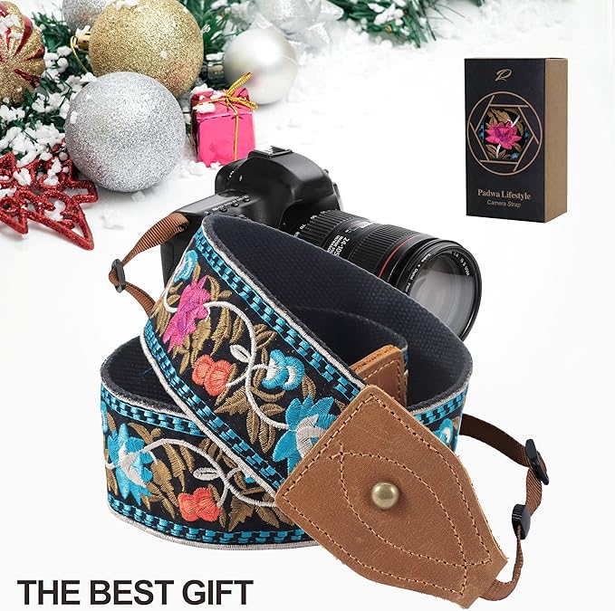 Padwa Lifestyle Camera Strap - 2" Wide Classic Vintage Crazy Horse Arts Cowhide Head Cotton Embroidered Universal Neck Shoulder & Crossbody Camera Straps for Photographers Gift and All DSLR Cameras